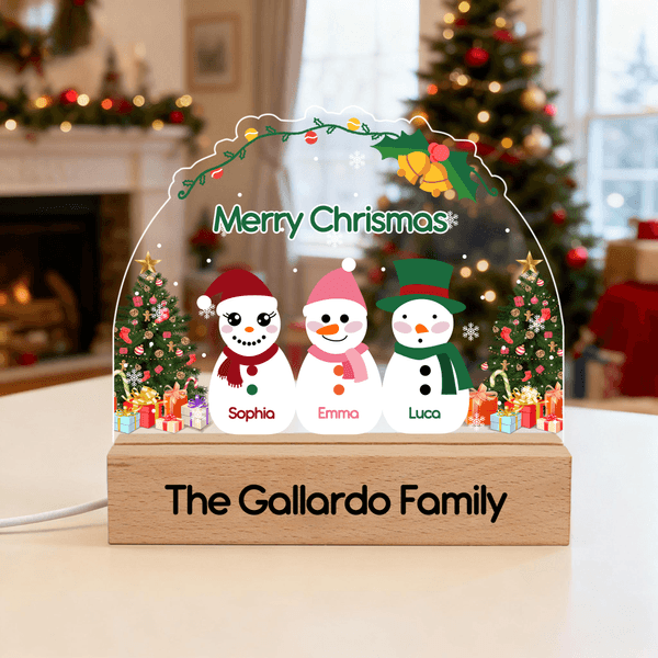 Árbol de Navidad Personalizado 2-5 Muñecos de Nieve Luz de Noche Acrílica Ajustable con Nombre y Base de Madera Decoración de Habitación Regalo de Navidad para Niños Familia