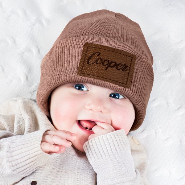 Personalised Multicolour Soft Warm Beanie Hat with Name PU Leather Patch Daily Use Birthday Baby Shower Gift for 3 Months to 4 Years Baby Toddler