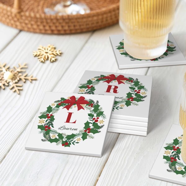 Personalised Christmas Wreath Initial Ceramic Square Coaster with Name Holiday Party Table Decor Christmas Gift for Kids Family