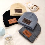 Chapeau bonnet chaud multicolore personnalisé avec nom patch en cuir PU Utilisation quotidienne Anniversaire Cadeau de douche de bébé pour 3 mois à 4 ans Bébé Toddler