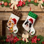 Personalised Santa Hat Plaid Oil Painting Photo Sweets Christmas Stocking with Name Christmas Decor Party Gift for Pet Lovers