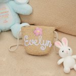 Gepersonaliseerde Boho Bloem Verstelbaar Riet Crossbody Tas met Garen Naam Verjaardag Bruiloft Kerstcadeau voor Peuters Bloemen Meisjes Kinderen