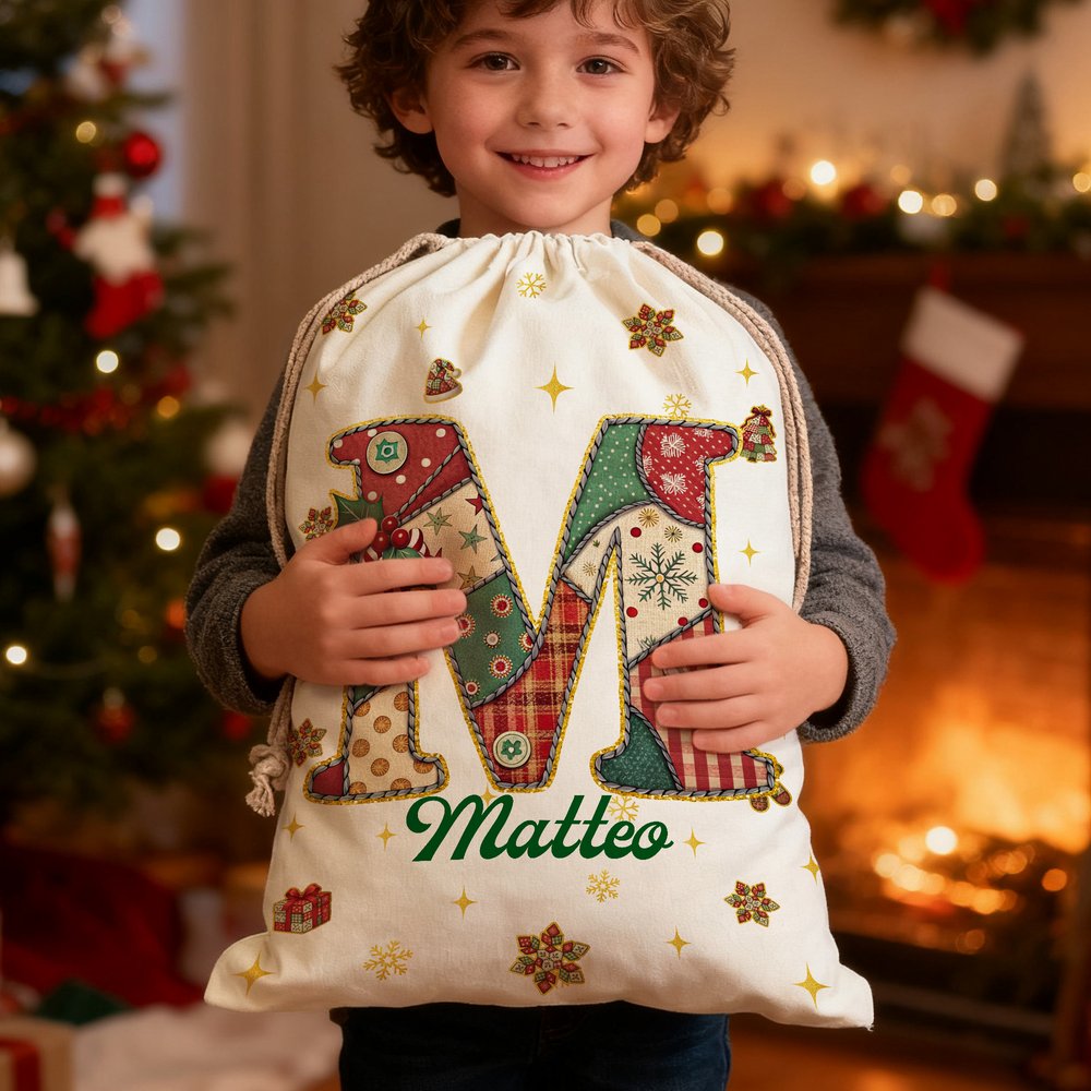 Sacco di tela personalizzato con iniziale e nome design natalizio fiocco di neve bomboniere per vigilia di Natale regalo per bambini 6