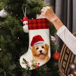 Personalised Santa Hat Plaid Oil Painting Photo Sweets Christmas Stocking with Name Christmas Decor Party Gift for Pet Lovers