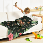 Coperta personalizzata floreale a tema dinosauro con nome, regalo di Natale e compleanno per bambini amanti dei dinosauri.