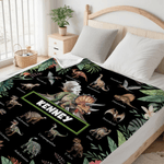 Coperta personalizzata floreale a tema dinosauro con nome, regalo di Natale e compleanno per bambini amanti dei dinosauri.
