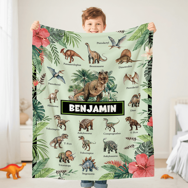Couverture douce personnalisée avec nom pour les enfants qui aiment les dinosaures.