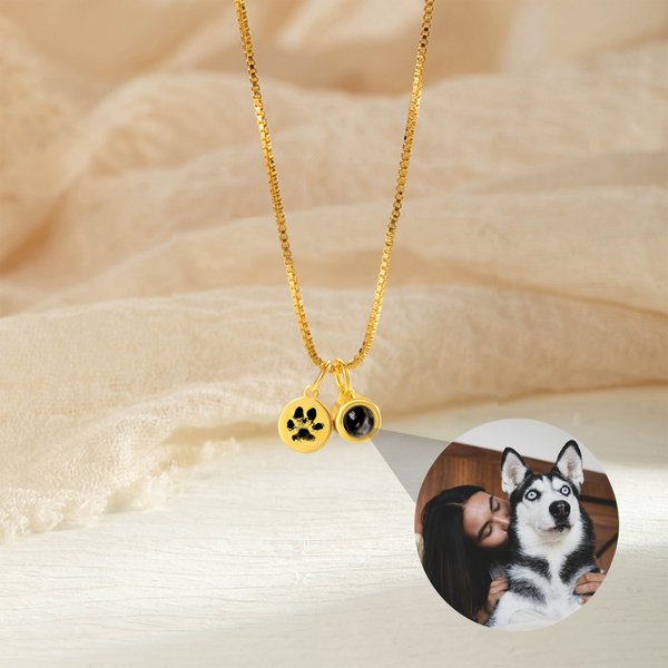 Personalised Photo Projection Necklace with Paw Print Engraved Pet Loss Memorial Jewellery Birthday Gift for Pet Lovers Owners