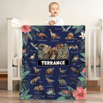 Coperta personalizzata floreale a tema dinosauro con nome, regalo di Natale e compleanno per bambini amanti dei dinosauri.