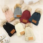 Personalised Multicolor Soft Pom-Poms Beanie Hat with Name Leather Patch from 2 Months to 5 Years Winter Daily Wear Baby Shower Gift for Baby Toddler