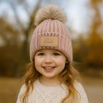 Personalised Multicolor Soft Pom-Poms Beanie Hat with Name Leather Patch from 2 Months to 5 Years Winter Daily Wear Baby Shower Gift for Baby Toddler