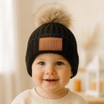 Personalised Multicolor Soft Pom-Poms Beanie Hat with Name Leather Patch from 2 Months to 5 Years Winter Daily Wear Baby Shower Gift for Baby Toddler