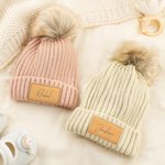 Personalised Multicolor Soft Pom-Poms Beanie Hat with Name Leather Patch from 2 Months to 5 Years Winter Daily Wear Baby Shower Gift for Baby Toddler