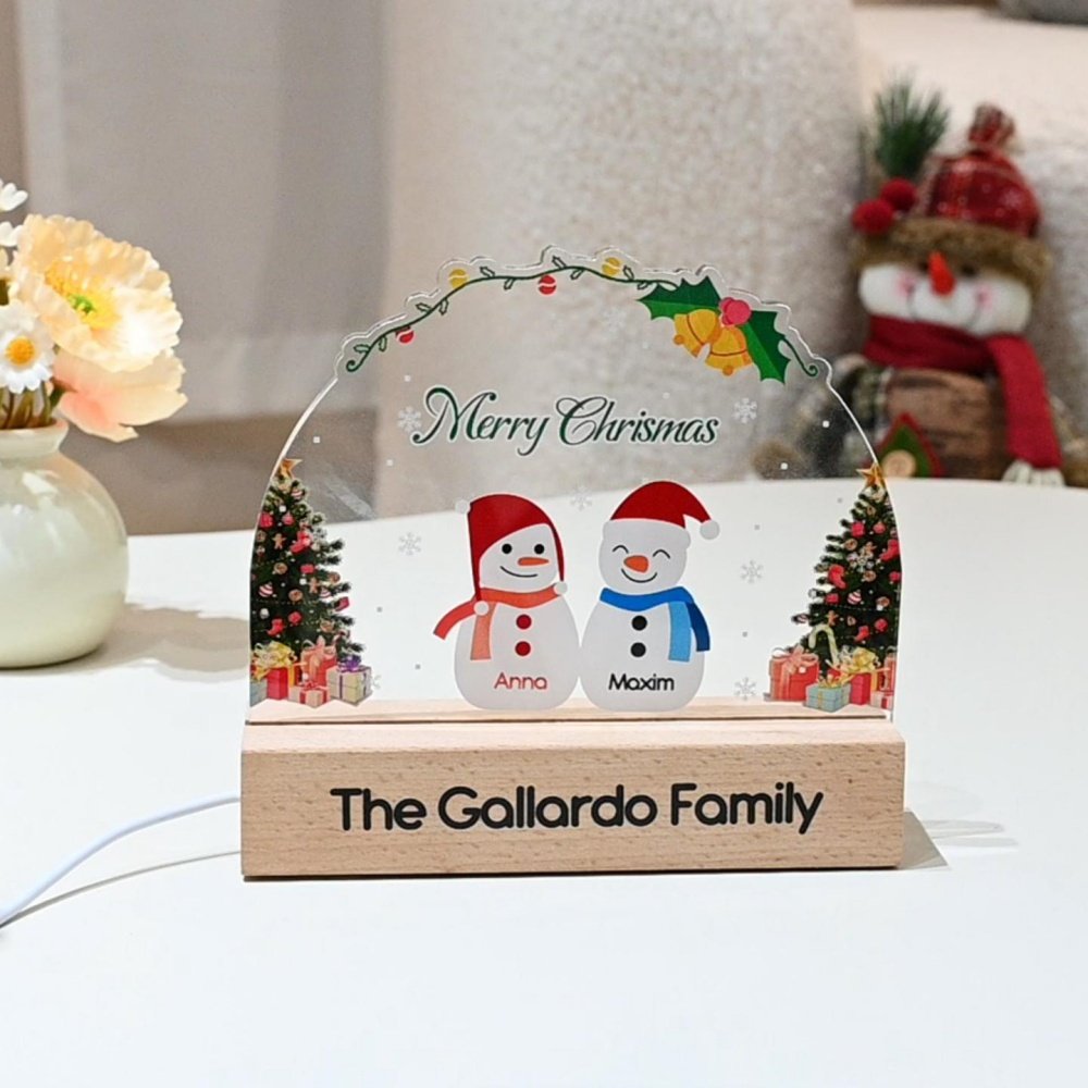 Árbol de Navidad Personalizado 2-5 Muñecos de Nieve Luz de Noche Acrílica Ajustable con Nombre y Base de Madera Decoración de Habitación Regalo de Navidad para Niños Familia 1