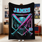 Personalized Ice Cream Dripping Baseball Bat Soft Throw Blanket with Name and Number Home Decor Birthday Christmas Gift for Kids Sports Lovers