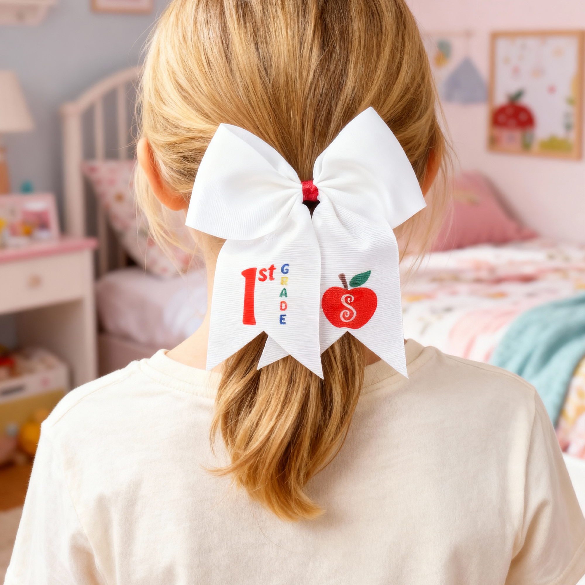 Personalisierte niedliche Apfel weißes Haar Schleife mit Note und Initial niedlichen Accessoires zurück zu Schule Geburtstag Geschenk für Mädchen