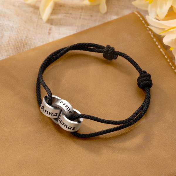 Personalised Minimalist Adjustable 1-5 Interlocking Rings Rope Bracelet with Engraved Names and Patterns Anniversary Birthday Gift for Him Her