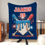 Personalized Ice Cream Dripping Baseball Soft Throw Blanket with Name and Number Home Decor Birthday Christmas Gift for Kids Sports Lovers