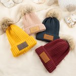 Personalised Multicolor Soft Pom-Poms Beanie Hat with Name Leather Patch from 2 Months to 5 Years Winter Daily Wear Baby Shower Gift for Baby Toddler