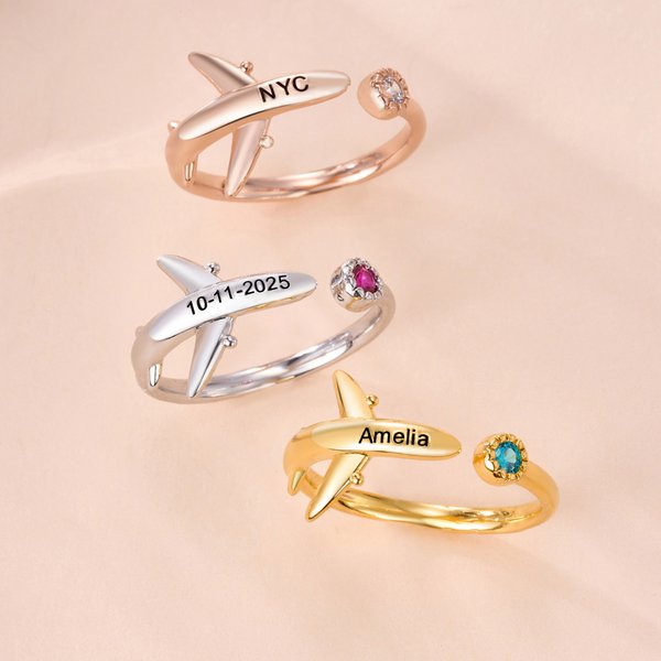 Anello aperto personalizzato con testo inciso su pietra di nascita, regalo di compleanno e di anniversario per gli amanti dei viaggi, mamma pilota e assistente di volo.