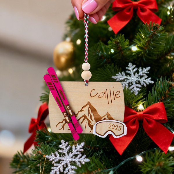 Personalised Wooden Ski-Themed Ornament with Name and Year Christmas Tree Decor Christmas Gift for Ski Enthusiasts