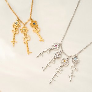 Collier personnalisé avec 1-8 fleurs de naissance noms et pierre de naissance - Cadeau d'anniversaire fête des Mères pour maman grand-mère