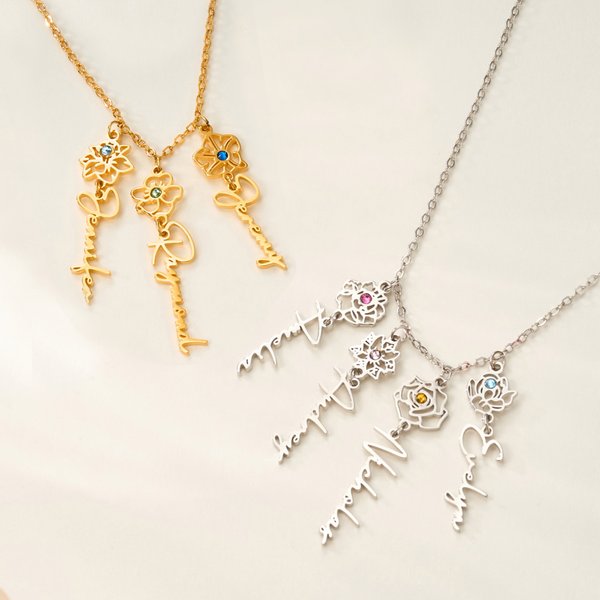 Collana personalizzata 1-8 Birth Flower Birthstone con nome Dainty Gioielli Compleanno Anniversario Regalo di Natale per nonna mamma Donne
