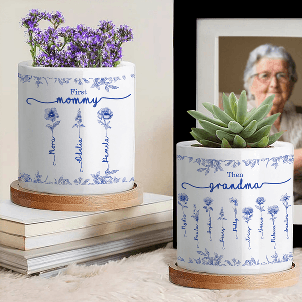Toile De Jouy Personalizada Flor de Nacimiento Maceta de Cerámica con Apodos y Nombres Navidad Día de Acción de Gracias Regalo para Mamá Abuela