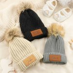 Personalised Multicolor Soft Pom-Poms Beanie Hat with Name Leather Patch from 2 Months to 5 Years Winter Daily Wear Baby Shower Gift for Baby Toddler