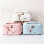 Personalized Birth Flower Multi Compartment PU Leather Makeup Bag with Name Travel Essential Birthday Gift for Sisters Friends