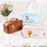 Personalized Birth Flower Multi Compartment PU Leather Makeup Bag with Name Travel Essential Birthday Gift for Sisters Friends