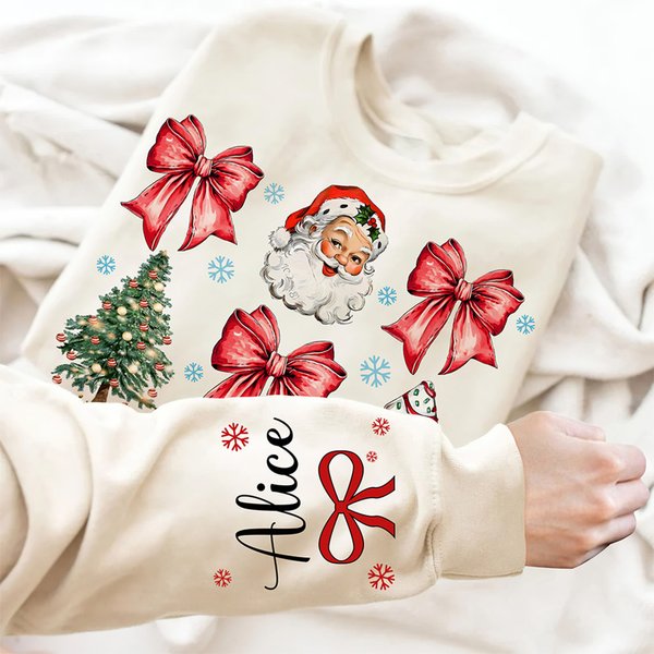 Personalised Santa Claus Snowflake Bow Christmas Tree Multicolour T-shirt Sweatshirt with Name Christmas Gift for Women