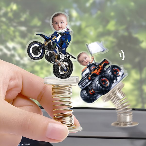 Gepersonaliseerd gezicht foto motorfiets acryl lente auto ornament verjaardag Gift voor familie auto-eigenaren
