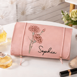 Personalisierte Geburt Blume zierlich PU Leder Kosmetiktasche mit Namen Reise Essentials täglichen Gebrauch Geburtstag Geschenk für Frauen