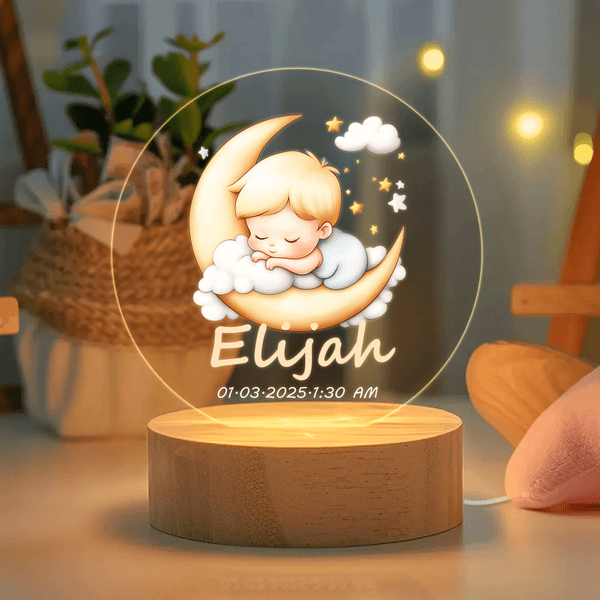 Personalised Moon Cloud Baby Acrylic LED Night Light with Name and Wooden Base Nursery Decor Anniversary Birthday Gift for Boys Girls