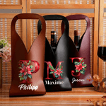 Personalised Poinsettia Initial PU Leather Wine Bag with Name and Handle Protective Wine Accessories Chritstmas Birthday Party Gift for Wine Lover