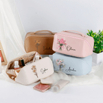 Personalised Birth Flower Multi Compartment PU Leather Makeup Bag with Name Travel Essential Birthday Gift for Sisters Friends