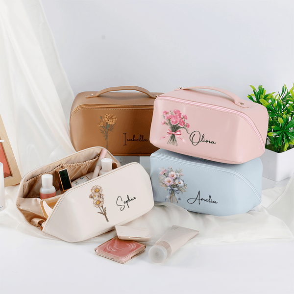 Personalized Birth Flower Multi Compartment PU Leather Makeup Bag with Name Travel Essential Birthday Gift for Sisters Friends