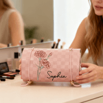 Personalisierte Geburt Blume zierlich PU Leder Kosmetiktasche mit Namen Reise Essentials täglichen Gebrauch Geburtstag Geschenk für Frauen