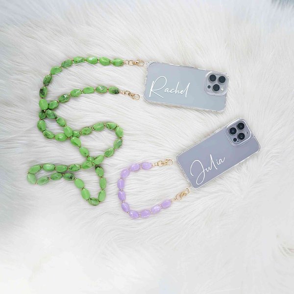 Personalised Fashion Name Clear Phone Case for iPhone with Multicolor Bead Chain Christmas Birthday Anniversary Gift for Her