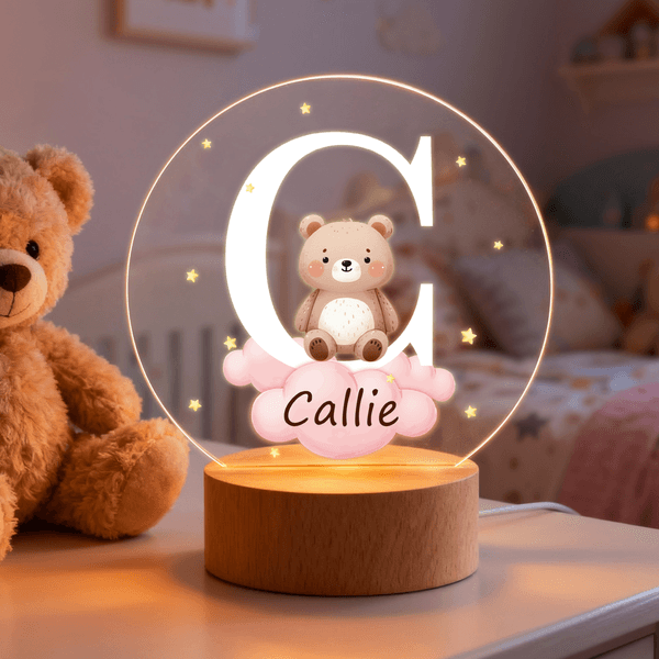 Personalisiertes Süßes Waldtier LED-Nachtlicht mit 7 Lichtmodi Initiale Namen Holzsockel Geburtstag Weihnachten Geschenk für Babys Kinder