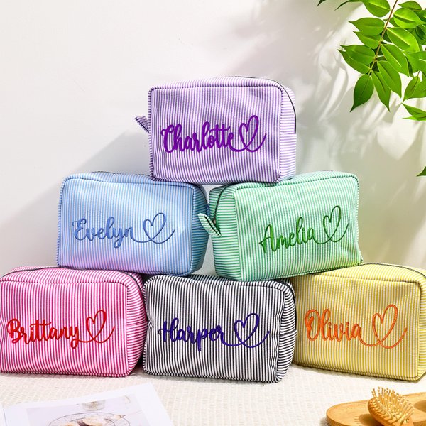 Personalized Heart-Shaped Embroidered Name Striped Makeup Bag Travel Essential Wedding Party Birthday Gift for Women Bridesmaids