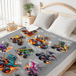 Spersonalizowany miękki koc do rzucania z imieniem i nazwiskiem Dinosaur Truck Adventure Design Dekoracja domu Świąteczny prezent urodzinowy dla dzieci Miłośnicy ciężarówek z dinozaurami