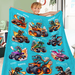 Spersonalizowany miękki koc do rzucania z imieniem i nazwiskiem Dinosaur Truck Adventure Design Dekoracja domu Świąteczny prezent urodzinowy dla dzieci Miłośnicy ciężarówek z dinozaurami