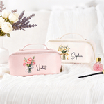 Personalized Birth Flower Multi Compartment PU Leather Makeup Bag with Name Travel Essential Birthday Gift for Sisters Friends