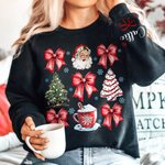 Personnalisé Père Noël Flocon de neige noeud Arbre de Noël T-shirt Multicolore Sweatshirt avec nom Cadeau de Noël pour femmes