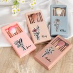 Personalized Birth Flower Bouquet 5 Pcs Makeup Brush Storage Box Set with Name and Mirror Christmas Birthday Wedding Gift for Ladies Girls