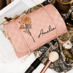 Personalisierte Geburt Blume zierlich PU Leder Kosmetiktasche mit Namen Reise Essentials täglichen Gebrauch Geburtstag Geschenk für Frauen