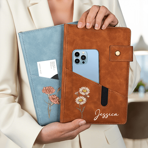 Personalized Birth Flower Name PU Leather A5 Notebook with Storage Pocket and Lined Pages Diary Planner Travel Birthday Gift for Friend