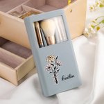 Personalized Birth Flower Bouquet 5 Pcs Makeup Brush Storage Box Set with Name and Mirror Christmas Birthday Wedding Gift for Ladies Girls